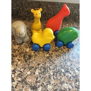 Vintage Little Tikes Plastic Animals With Wheels & Chunky Animals Lot Of 5 90's
